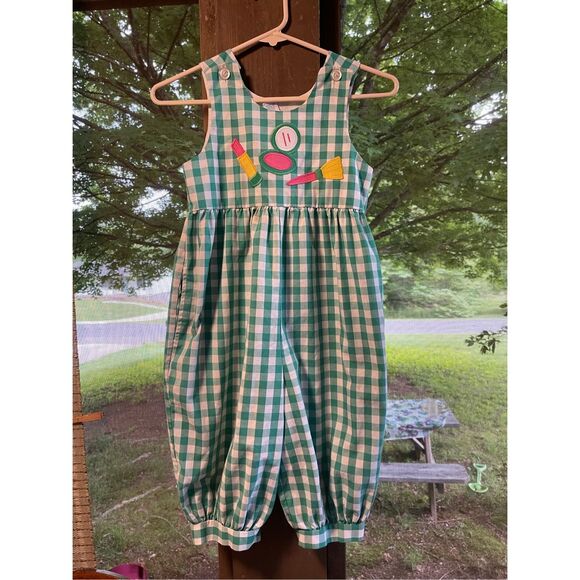 Vintage Kelly Kids Girls Checkered Jumpsuit Romper Lipstick Make Up Images Sz 6 - Picture 1 of 5